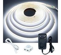 GOMING 12V Détecteur de Mouvement COB Ruban à LED 5M Blanc Froid 6000K CRI 93+ IP20 Non étanche Bande Lumineuse LED avec Adaptateur Secteur pour Armoires de Cuisine Escalier Vitrine Chambre Lit