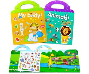Gommettes Enfants 2 3 4 Ans 2 Pcs Livre Autocollant Mon Corps et Animaux, Reutilisable Activite Enfant Autocollant avec Pliable Panorama et PVC Statiques Illustré, Reusable Sticker Book, Idees Cadeaux