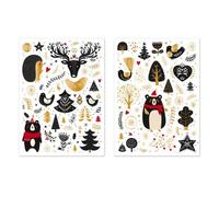 Gommettes noël enchanté noir et doré - 101 pièces - de 0,60 à 8,3 cm - autocollants, animaux, hivers, ours, hérisson, rennes, poules, sapins, feuillages