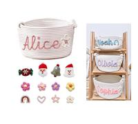 GOMOVING Panier de Rangement Personnalisé pour Bébé, Idée Cadeau de Noël, Anniversaire ou Nouveau-Né, Panier en Corde de Coton avec Nom pour Jouets, Cadeau de Baptême pour Fille et Garçon, 24CM*18CM