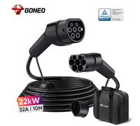 GONEO Câble de recharge pour véhicule électrique type 2 22 kW 32 A 10 m triphasé, certifié TÜV, soudage ultrasonique, connecteur plaqué argent, étanche IP54, PA66+TPU ignifuge, avec sac de transport