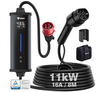 GONEO Chargeur Véhicule Électrique 11kW Triphasé 6A-16A, 8m Câble Type 2 CEE, Détection de Fuite AC 30m DC 6mA, Surveillance Température, Programmation & Réglage de Courant, Compatible VE/PHEV