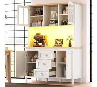 gonew21 Armoire de cuisine haute avec éclairage LED et plan de travail - Armoire polyvalente avec 4 portes et tiroirs, vitrine pour salon et salle à manger - Armoire ménagère en blanc