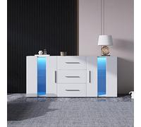 gonew21 Commode blanche avec éclairage LED et contrôle par application - Meuble TV avec tiroirs, 3 tiroirs et 2 portes - Espace de rangement stable pour salon et chambre à coucher - 140 cm