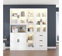 gonew21 Ensemble de vitrines combinées avec éclairage LED et contrôle par application - 2 armoires avec 8 portes et 3 tiroirs - Vitrine sur pied et armoire haute comme armoire de salon - Blanc