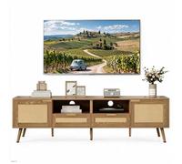 gonew21 Meuble TV bas avec rotin et pieds en bois, 200 cm, chêne, beaucoup | Meuble TV et table TV avec 2 tiroirs, portes et pieds réglables, pour salon, panneau de particules, chêne