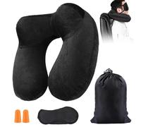 Gonflable, Coussin de Voyage, Oreiller de Voyage avec Masque pour Dormir+ Bouchons d’Oreilles + Sac Transport, Super Léger et Portable, Idéal pour Chaise D'avion, Voiture, Maison, Bureau,Noir