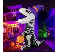 Gonflables géants d'Halloween - Squelette de dinosaure gonflable de 2,4 m de haut avec chapeau magique et citrouille pour fête de vacances, jardin, pelouse, cour, patio