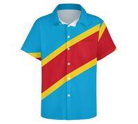 GONMFKM Chemises Hawaïennes pour Hommes Manches Courtes Motif Drapeau De La République Démocratique du Congo Décontractées Vacances Plage Coupe Classique Surf Aloha avec Poche Tailles S À 7XL Et 5XL