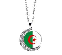 GONMFKM Collier Pendentif Drapeau National De L'Algérie À La Mode, Pendentif En Forme De Lune En Verre Double Face, Collier Pendentif Drapeau De Gemme Du Temps, Cadeau Souvenir De Voyage, Accessoire