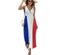 GONMFKM Robe Longue Décontractée Grande Taille pour Femme Basique sans Manches Imprimé Drapeau National De La France Longue Style Débardeur Robe Trapèze Col en V Coupe Trapèze Taille S