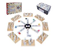 Gonoelec Ensemble de dominos de train mexicain avec 8 plateaux en bois, rack, support, 91 tuiles, domino double et 12 classiques dans une boîte en étain