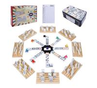 Gonoelec Set de Dominos Train Mexicain Double 12 avec 8 Porte-Dominos en Bois, 91 Tuiles, Boîte Métallique, Jeu de Société pour Enfants Adultes Familles