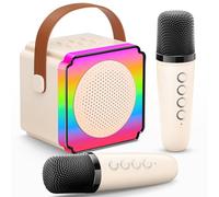 Gontence Micro Karaoke Enfant avec 2 Micro sans Fil, Cadeau Anniversaire Fille et Garçon 3-12 Ans, Micro Karaokeavec LED, Effets Vocaux et Carte Cadeau, Jouet Enfant pour Chanter-Beige