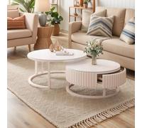 GonTzolkin Ronde Table Basse Gigogne Lot De 2 Blanche avec Rangement - Marbre, Design Moderne, Cadre Robuste en Métal - Extensible pour Salon et Bureau