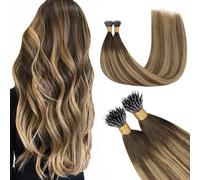 GOO GOO Nanoring Extension Cheveux Naturel Keratine, 35cm 50g 100 Mèches, Keratine Hair Extensions Cold Fusion Nano Beads 4/27/4 Brun Chocolat à Blond Caramel
