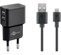 Goobay 44984 Micro USB Dual Ladeset 2,4 A, noir, 1 m - Adaptateur secteur avec 2x USB femelles et câble Micro USB 1m (noir)