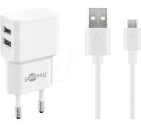 Goobay 44985 Kit de charge double Micro-USB (12 W), blanc, 1 m - Adaptateur secteur avec 2x ports USB, câble Micro-USB, 1 m, blanc