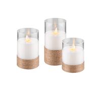 goobay 60343 Lot de 3 bougies LED en cire véritable en verre enveloppé de chanvre blanc chaud/flamme mobile, 10, 12,5 et 15 cm de haut/transparentes