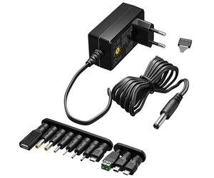 goobay 64570 Adaptateur Secteur Universel 3V-12V, Max. 27W / Adaptateur DC Interchangeable/pour TV, PC, routeur, Bandes LED/Tension Variable/USB C, USB A, Micro USB / 11 adaptateurs Inclus/Noir