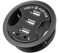 Goobay 93894 Triple hub/répartiteur USB 2.0 Hi-Speed encastrable + audio, noir, 1.5 m - à installer dans des traversées de table de 60 mm avec connexion audio