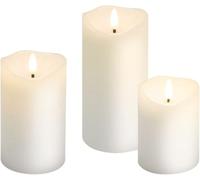 goobay Bougies LED en cire véritable, set de 3, blanches, avec mèche pendule, fonction minuterie, lumière blanc chaud (2700 K), incl. 10x piles AAA, bougies électriques piliers, 10/12,5/15 cm, 75263