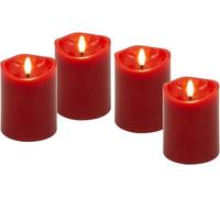goobay Bougies LED en cire véritable, set de 4, rouge, avec mèche pendule, fonction minuterie, lumière blanche chaude (2700 K), incl. 12x piles AAA, bougies électriques piliers, 7,5 cm, 75265