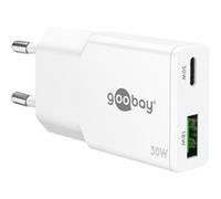 goobay Chargeur USB-C 30W, Adaptateur Secteur GaN Ultra Plat, Double Port avec Power Delivery & Quick Charge, Adaptateur de Charge Slim pour iPhone, Samsung Galaxy, iPad, Pixel UVM. - Blanc - 75738