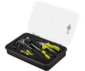 goobay Kit d'outils à main mobiles 26 pièces pour travaux de bricolage et en déplacement - 2 tournevis, jeu d'embouts, tournevis avec porte-embout, pince universelle 15,2 cm et marteau de couvreur