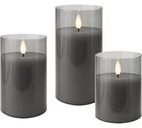 goobay Lot de 3 bougies LED avec fonction minuterie - cire véritable dans un verre, gris transparent, mèche 3D, fonctionne sur piles, blanc chaud - Bougie LED élégante pour une décoration sûre