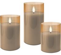 Goobay Bougies LED Lot de 3 en cire véritable verre or-transparent, minuterie, piles, blanc chaud