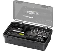 goobay Mini Jeu de tournevis sans fil 28 pièces - 24 embouts, 1 rallonge, 1 support et 1 adaptateur en acier au chrome-vanadium - Clé à molette, couple à 3 niveaux, éclairage LED avant - 77816