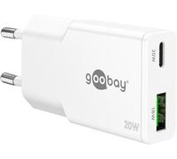 goobay USB-C PD GaN Chargeur Rapide Double Slim 20W (Blanc) Bloc d'alimentation, Power Delivery, Port USB-A Quick Charge, Bloc d'alimentation pour Smartphone & Tablette - 75730