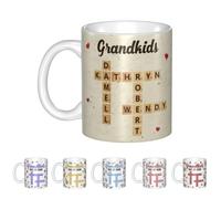 GOOBRRL Tasse à café personnalisée avec mots croisés pour grand-mère - Noms personnalisés - Grandkids Make Life - Grande tasse à café familiale - Tasse en céramique - Cadeau souvenir de la part de
