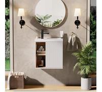 GOOBUY Meuble Lave-Mains 51cm, Meuble Lavabo Suspendu, Lavabo en Résine, Espace de Rangement Caché/Ouvert, Motif de Ligne, Blanc
