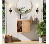 GOOBUY Meuble Lave-Mains 51cm, Meuble Lavabo Suspendu, Lavabo en Résine, Espace de Rangement Caché/Ouvert, Motif de Ligne, Naturel