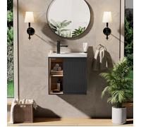 GOOBUY Meuble Lave-Mains 51cm, Meuble Lavabo Suspendu, Lavabo en Résine, Espace de Rangement Caché/Ouvert, Motif de Ligne, Noir
