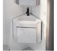 GOOBUY Meuble Lave-Mains d’Angle 56cm, avec Robinet, Cabinet de Rangement, Meuble de Lavabo d’Angle, Petit Meuble Suspendu, Blanc
