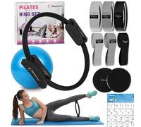 Goocrun Ensemble d'anneaux de Pilates avec Bandes de Résistance en Tissu, Ballon de Pilates et Disques Coulissants - Salle de Sport à Domicile avec Affiches de Fitness Bonus (Noir)