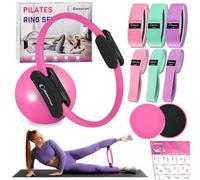 Goocrun Ensemble d'anneaux de Pilates avec Bandes de Résistance en Tissu, Ballon de Pilates et Disques Coulissants - Salle de Sport à Domicile avec Affiches de Fitness Bonus (Rose)