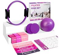 Goocrun Ensemble D'anneaux de Pilates, Comprenant des Bandes de Résistance, Un Ballon de Pilates et des Disques de Glisse. Salle de Sport Portable à Domicile - avec Poster Guide de Fitness (Violet)