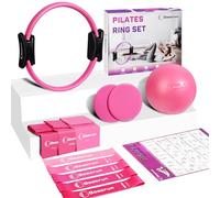 Goocrun Ensemble D'anneaux de Pilates, Comprenant des Bandes de Résistance, Un Ballon de Pilates et des Disques de Glisse. Salle de Sport Portable à Domicile - avec Poster Guide de Fitness (Rose)