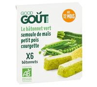 GOOD GOÛT - 6 Bâtonnets Verts Petit Pois, Courgettes, Semoule De Maïs - Dès 12 mois - Texture Moulinée - Fabriqués En France - 120g