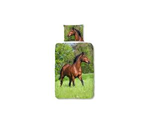Good Morning Good Morning-Chevaux-100% Coton-135 X 200 Cm + 1 Taie d'oreiller 80 X 80 Cm-Multicolore, Multi, 135x200
