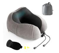 Good Nite Oreiller de Voyage,Oreiller Cervical,Mousse à mémoire Coussin de Voyage,Voyages en Avion et en Train, Sac de Transport Inclus Masque pour Les Yeux Bouchons d'oreille Gris