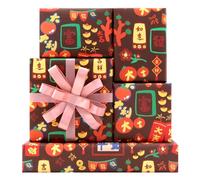 Good Things Will Happen Lot de 4 feuilles de papier cadeau décoré Lucky Fortune Rich Rouge et orange 27,5 x 49,5 cm par feuille : 15 m² TTL) avec ruban de soie rose pour le Nouvel An lunaire chinois