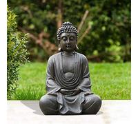 Goodeco Décoration de jardin Bouddha méditant, statue de Bouddha zen, décoration intérieure/extérieure pour maison, jardin, décoration artistique avec collier de perles en bois naturel, 29 cm (moyen)