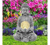 Goodeco Statue de Bouddha méditant avec lumière solaire, statue de Bouddha solaire zen avec boule de verre craquelé, décoration intérieure/extérieure, cadeau pour balcon, cour, art 26.5 cm (gris)