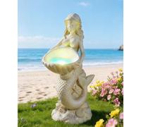 Goodeco Statue solaire en forme de sirène avec fonction bain d'oiseaux - Sculpture en résine imperméable - Cadeau de sirène de jardin pour femme/maman/grand-mère - Blanc