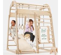 Goodevas Montessori - Cadre d'escalade en bois pour enfants - Pour l'intérieur et l'extérieur - Aire de jeux en bois avec toboggan, balançoire, mur d'escalade, corde d'escalade et échelle de corde